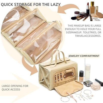 ROYALFAIR Roll Up Makeup Bag, Travel Toiletry Bag for Women with 4 Clear TSA Approved Pouches, Hanging Travel Organizer, Folding Cosmetic Bag for Men and Women (khaki) - color: khaki