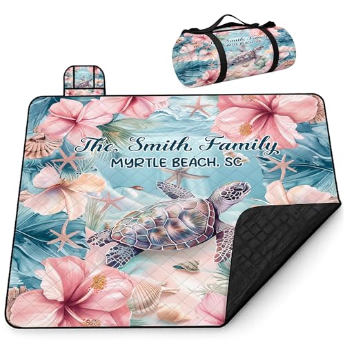Personalized Waterproof Sandproof Beach Blanket 80''x80'', 3-Layer Foldable Picnic Blanket with Carry Strap, Camping Travel Outdoor Mat for Beach Park Hiking (Hibicus Sea Turle) - color: Hibicus Sea Turle