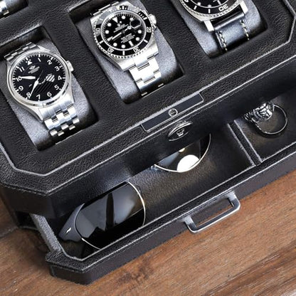 ROTHWELL 6 Slot Leather Watch Box with Valet Drawer - Luxury Watch Case Display Organizer, Microsuede Liner, Locking Mens Jewelry Watches Holder, Men's Storage Boxes with Large Glass Top (Black/Grey) - color: 6 Slot - Black / Grey