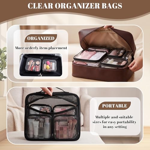 12 Pack Clear Hard Shell Zipper Case with 40 Labels, X-Large/Medium/Small Stackable Clear Pouches, Crush-resistant Travel Toiletry Bag Organizer for Makeup Board Games Electronics (Black)