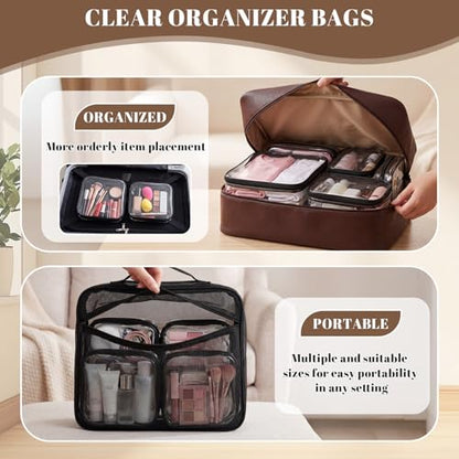 12 Pack Clear Hard Shell Zipper Case with 40 Labels, X-Large/Medium/Small Stackable Clear Pouches, Crush-resistant Travel Toiletry Bag Organizer for Makeup Board Games Electronics (Black)