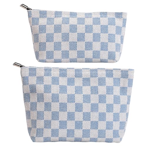 2-Pack Blue & White Checkered Makeup Bag Set - Large Capacity Cosmetic Organizer Pouch | Travel Toiletry Bag & Purse Organizer for Women Girls - color: C01-LANGEZI