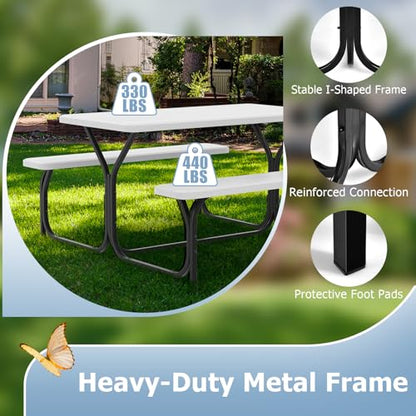 GYMAX Picnic Table, Picnic Bench Easy to Assemble w/All Weather Wood Grain Tabletop & Metal Frame, Picnic Tables for Outdoors Camping Backyard Deck Patio Poolside Dining Party - color: White
