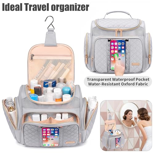Large Toiletry Bag for Women Men,Bathroom Bag,Water Resistant Shower Bag,Makeup Bag,Toiletry Bags for Traveling,Hanging Toiletry Bag with Transparent Waterproof Phone Pocket (Light Gray) - color: Light Gray