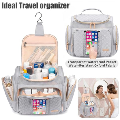 Large Toiletry Bag for Women Men,Bathroom Bag,Water Resistant Shower Bag,Makeup Bag,Toiletry Bags for Traveling,Hanging Toiletry Bag with Transparent Waterproof Phone Pocket (Light Gray) - color: Light Gray