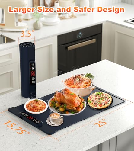 10s Rapid Heating Food Warming Mat, 5 Temperature Settings Silicone Electric Heating Tray with 1-4H Timer & Child Lock, Foldable Portable Food Warmer for Family Gatherings/Camping/Baking, Dark Blue