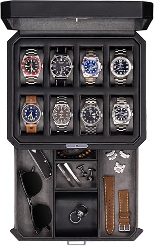 ROTHWELL 8 Slot Leather Watch Box with Valet Drawer - Luxury Case Display Jewelry Organizer, Locking Display Case Holder, Real Glass Top - Watch Box Organizer for Men & Women (Black/Grey) - color: 8 Slot - Black/Grey