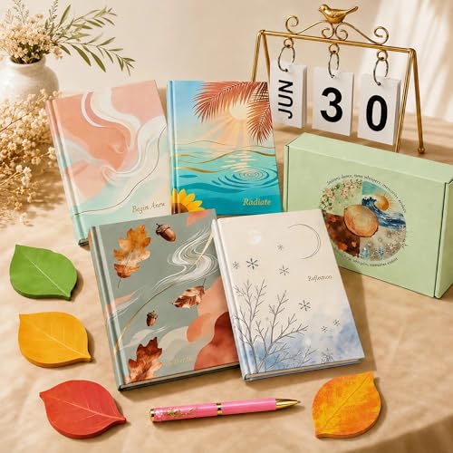 Premium Four Seasons Journal Gift Set, 4 A5 Hardcover Notebooks with Metal Bird Perpetual Calendar, Pen & Leaf Sticky Notes, Memory Keeping & Reflection Elegant Gift Box for Women, Teachers, Moms, Office Desk Decor (Ivory) - color: Ivory