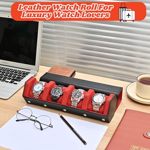Leather Watch Roll for 4 Watches - Velvet-Lined Travel Case, Luxury Watch Rolls Organizer with Storage & Display for Men (4 Slot-Black/Red) - color: 4 Slot-Black/Red