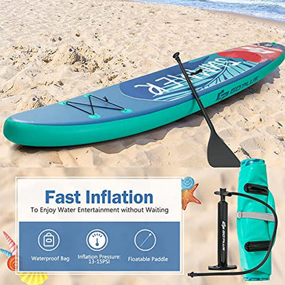 Goplus Inflatable Stand up Paddle Board, 10'/10.5'/11' SUP 6" Thick with Premium Accessories, Adjustable Aluminum Paddle, Leash, Carry Bag, Hand Pump, Removable Fin, ISUP for Adults - size: 11 FT, style: Green
