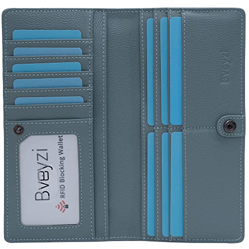 Bveyzi Ultra Slim Thin Leather RFID Blocking Credit Card Holder Bifold Clutch Wallets for Women - color: Blue Grey
