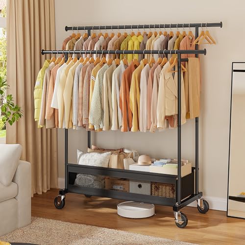 Clothes Rack, Double Rod, 210 LBS, Storage Basket, Black | Rolling Garment Rack with Lockable Wheels for Bedroom, Dorm, Apartment, Laundry Room – Space Saver, Tool-Free Easy Assembly - color: Black