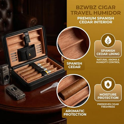 Travel Cigar Humidor Case Cigar Cutter and Lighter Set Cedar Wood Lined PU Leather Cigar Travel Case V Cut Cigar Cutter Cigar Punch Holds 6 Cigars No Butane in Lighter, Minor Works, Black