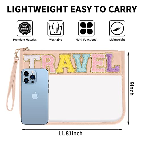 Iqimott Chenille Letter Clear Bag Travel Pouch, Monogram PVC & PU Makeup Cosmetic Bag Zipper Toiletry Pouch, Waterproof Portable Beach Snack Wristlet Bags for Women Girls(Travel, Pink) - color: Travel-NewPink