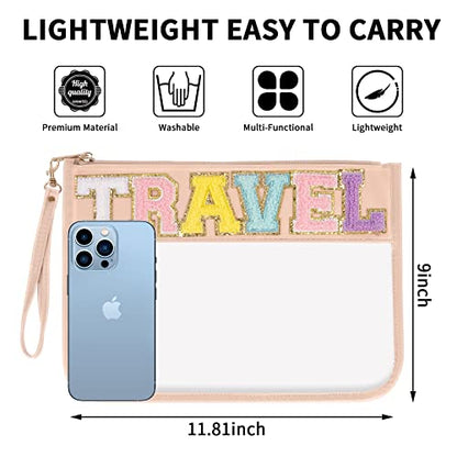 Iqimott Chenille Letter Clear Bag Travel Pouch, Monogram PVC & PU Makeup Cosmetic Bag Zipper Toiletry Pouch, Waterproof Portable Beach Snack Wristlet Bags for Women Girls(Travel, Pink) - color: Travel-NewPink