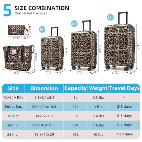 LARVENDER Luggage Sets 5 Piece Hardside Expandable Suitcase with Wheels Lock,PC+ABS Hardside Lightweight Rolling Suitcase for Women and Men,Cheetah - color: Cheetah, size: 5 Piece Set (20/24/28/DB/TB)