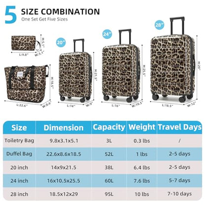 LARVENDER Luggage Sets 5 Piece Hardside Expandable Suitcase with Wheels Lock,PC+ABS Hardside Lightweight Rolling Suitcase for Women and Men,Cheetah - color: Cheetah, size: 5 Piece Set (20/24/28/DB/TB)