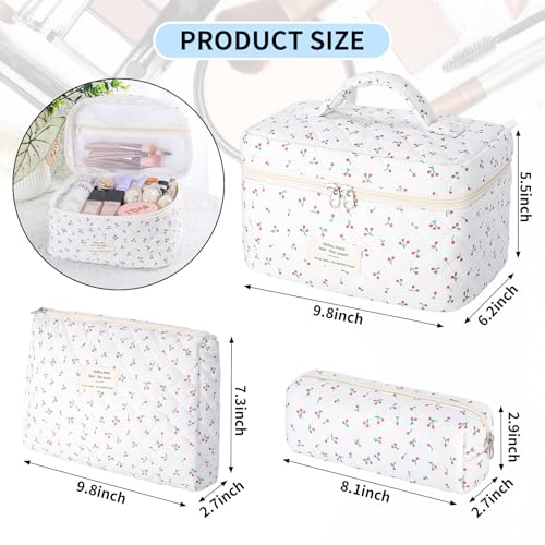 senbowe Floral Cherry Makeup Bag, 3 Pack Large Cotton Quilted Makeup Bag Set, Cute Floral Coquette Aesthetic Toiletry Bag Make Up Cosmetic Bag for Women, Toiletry Travel Make Up Organizer Bag - color: Cherry