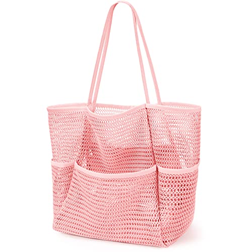 KPX Beach Bag with Mini Pocket, Summer Beach Tote Bags for Women Large Foldable Mesh Swimming Pool Travel Bags - Sandproof - color: Pink