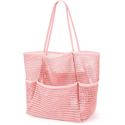 KPX Beach Bag with Mini Pocket, Summer Beach Tote Bags for Women Large Foldable Mesh Swimming Pool Travel Bags - Sandproof - color: Pink