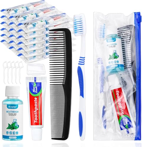 100 Set Travel Toothbrush Kit Bulk,Disposable Toothbrush with Toothpaste Set with Mouthwash,Toothpaste,Cover,Comb,Zip Bag,Floss Picks,Toothbrushes Set for Homeless,Travel - size: 1 Count (Pack of 100)