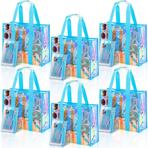 Hsei 6 Pcs Clear Iridescent Beach Bag with Phone Pouch for Women Beach Travel Large Waterproof Tote Bags for Vacation Picnic - color: Iridescent Blue