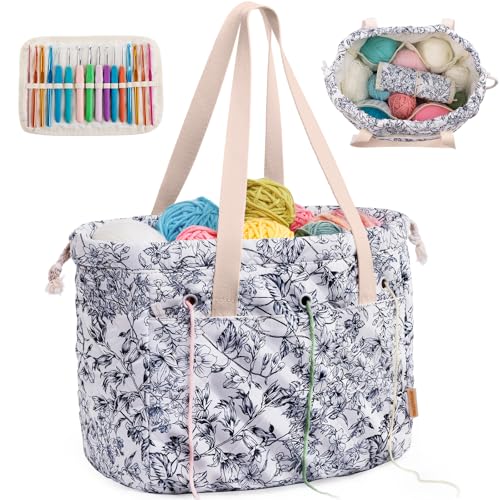 MYBAGZING Portable Crochet Bag Organizer with Crochet Hook Organizer Roll, Quilted Yarn Storage Tote with Grommets, Knitting Project Bag for Yarn & Accessories, Floral Craft Tote Gift for Crocheters - color: Garden Harvest