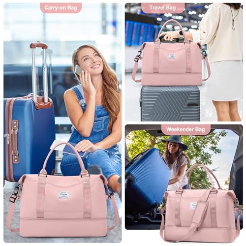 Travel Duffel Bag with Shoes Compartment, Overnight Weekender Bags for Women,Carry on Personal Item Bag - color: A-Pink, size: Large