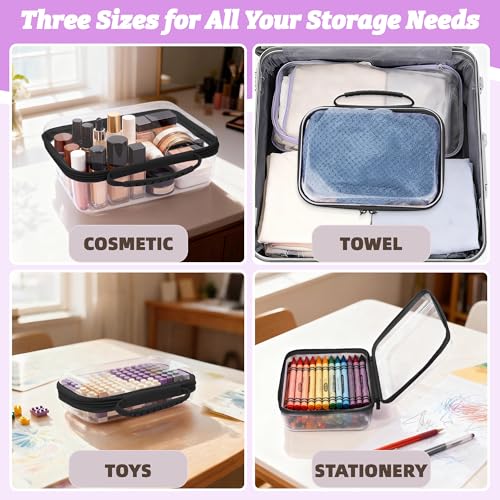 3 Pack Clear Hard Shell Zipper Cases with Handle, Waterproof Toiletry Bag for Travel, Diaper Bag Organizer Pouches, Nesting Pouches for Makeup, Toys, Snack Pouches, Stationery (Black) - color: Black