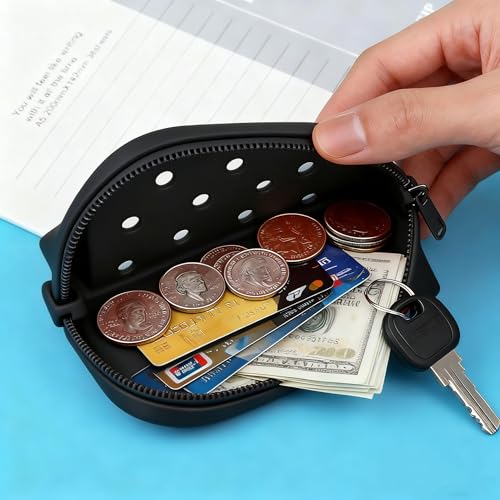 Soft Silicone Mini Coin Purse with Zipper and Cartoon Hole,with 15 pcs DIY Charms. Portable Keychain Pouch Organizer (Black) - color: Black