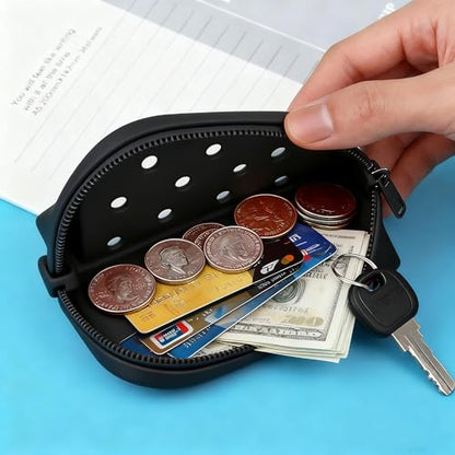 Soft Silicone Mini Coin Purse with Zipper and Cartoon Hole,with 15 pcs DIY Charms. Portable Keychain Pouch Organizer (Black) - color: Black