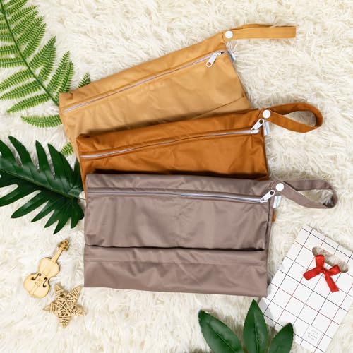 babygoal Wet Dry Bags for Baby Cloth Diapers, Washable Travel Bags, Beach, Pool, Gym Bag for Swimsuits & Wet Clothes with Two Zippered Pockets 3 Pack, 3LN20 - color: Light brown & sugar brown