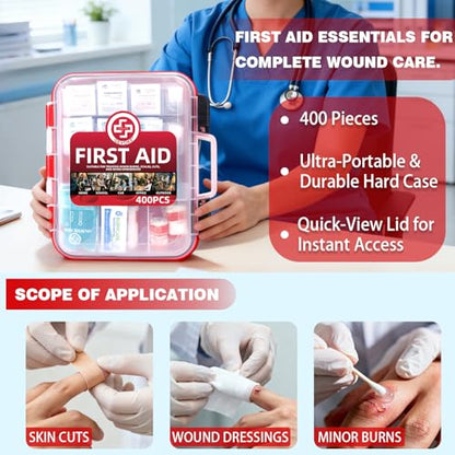 Gevoke 400 Piece First Aid Kit - Organized Dual-Layer Wall-Mountable Hard Case Medical Kit for Home, Car, Camping, Travel, Hiking, Truck, Office, Sports, Vehicle & Outdoor Emergencies - size: Extra Large