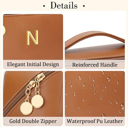 Birthday Gifts for Women Teen Girl, Personalized Initial Makeup Organizer Bag Set, Open Flat Travel Cosmetic Bag With Clear Divider and Handle(Brown,N) - color: Brown, style: N