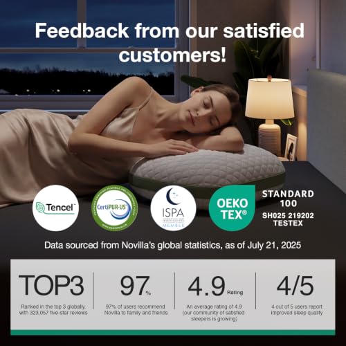 Novilla Tencel Side Sleeper Pillow for Neck and Shoulder Pain, Curved Crescent Design with Adjustable Shredded Memory Foam, Silk-Like Soft Cover for Face & Hair Care, Queen