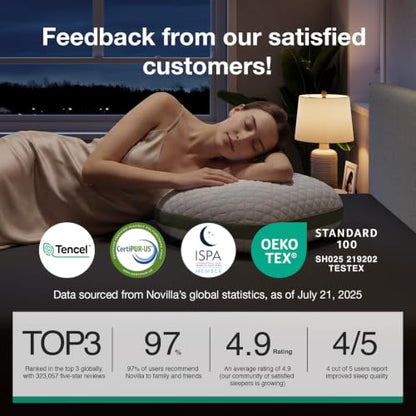 Novilla Tencel Side Sleeper Pillow for Neck and Shoulder Pain, Curved Crescent Design with Adjustable Shredded Memory Foam, Silk-Like Soft Cover for Face & Hair Care, Queen