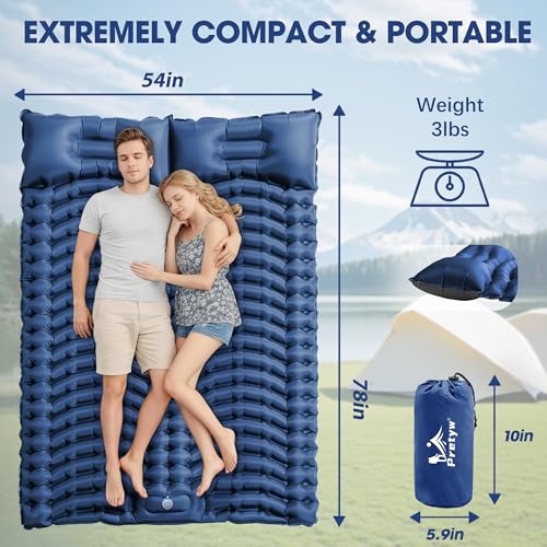 Double Sleeping Pad for Camping - Ultralight Air Mattress with Pillows, Built-in Foot Pump, Compact Inflatable 2-Person Portable Mat for Backpacking, Hiking, Tent, Car Travel, Beach，Road Trip - color: Navy Blue