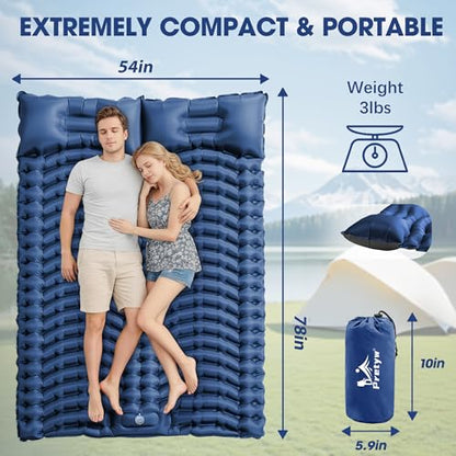 Double Sleeping Pad for Camping - Ultralight Air Mattress with Pillows, Built-in Foot Pump, Compact Inflatable 2-Person Portable Mat for Backpacking, Hiking, Tent, Car Travel, Beach，Road Trip - color: Navy Blue