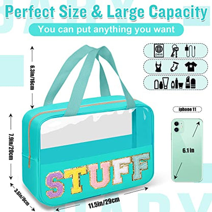 Preppy Clear Stuff Makeup Bags with Chenille Letter Patches, Travel Essentials Large Clear Make up Bag Zipper Pouch with Handle, Waterproof Nylon Cosmetic Toiletry Storage Tote for Women (STUFF-Green) - color: STUFF-Green