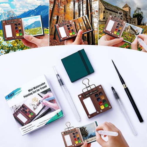 Mini Watercolor Paint Set, Portable Travel Art Kit with Wooden Palette, 8 Color Pigments, Watercolor Pad, Water Brush Pens and Accessories for Artists - color: 8 Colors
