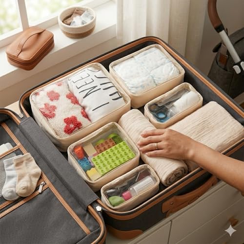 Remobia Hicol TSA Approved 5-Piece Diaper Bag Organizer Pouch Set Clear Waterproof TPU Kids Toiletry Storage Set Travel Packing Clutch Cube Bags for Baby Nursing(Cream leather) - color: Cream leather