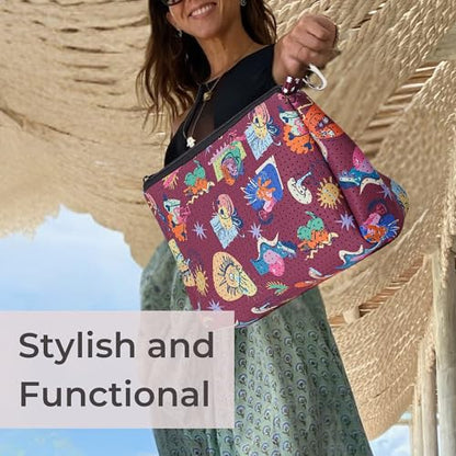 POPUPS Large Makeup Bag with Zipper - Waterproof Neoprene Cosmetic Bag 7.7 x 10.75 x 5 inches - color: Print Construyendo Futuros-Burgundy