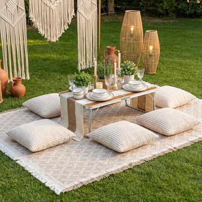 9 Pcs Extra Large Outdoor Boho Picnic Blanket 91'' x 71'' Folding Camping Table Beige White Table Runner 6 Throw Pillow with Pillow Cores Woven Cotton Yarn for Camping Garden Beach Wedding