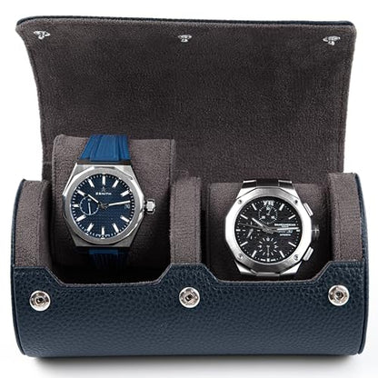 2 Watch Travel Case for Men – Leather Roll Organizer & Storage Box, Fits Watches up to 55mm | Removable Cushions | Gift Ready (Midnight Navy/Charcoal Grey) - color: Midnight Navy / Charcoal Grey