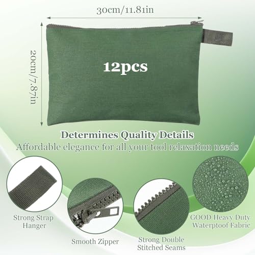 12 Pcs Canvas Tool Bag Pouch 16 oz Heavy Duty Zipper Pouch Bag 11.81 x 7.87 Inch Utility Multipurpose Tote Organizer with Dependable Zipper Storage Organizer for Tool Organization Army Green