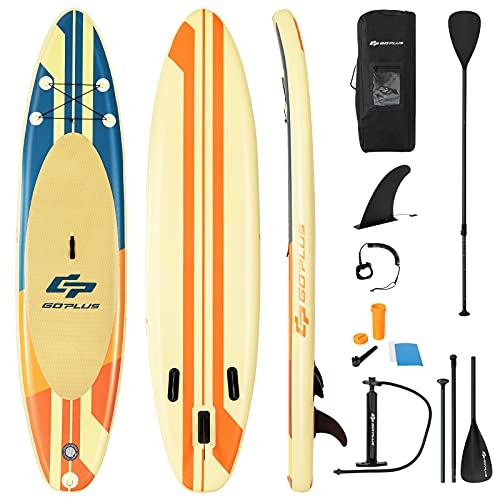 Goplus Inflatable Stand up Paddle Board, 10'/10.5'/11' SUP 6" Thick with Premium Accessories, Adjustable Aluminum Paddle, Leash, Carry Bag, Hand Pump, Removable Fin, ISUP for Adults - size: 10.5 FT, style: Beige