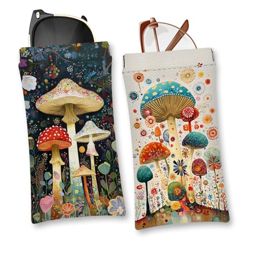 Eyeglasses Sunglasses Case PU Soft Squeeze Top Glasses Pouch for Women Student,Floral Pattern Portable Anti Scratch - color: White-mushrooms07