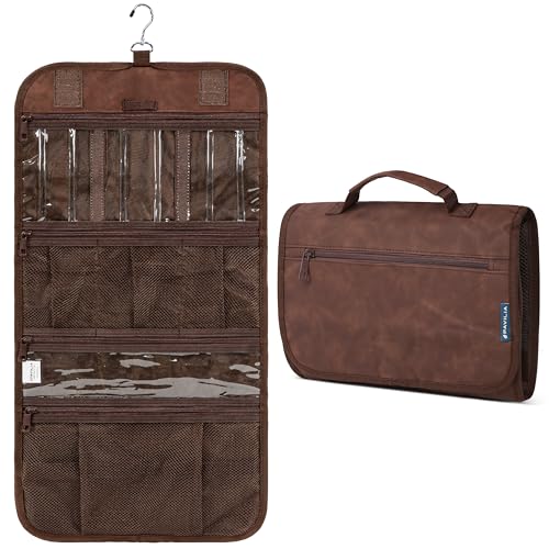PAVILIA Hanging Toiletry Bag for Women Men, Large Foldable Toiletries Organizer with Hook, Water-Resistant Makeup Cosmetic Rollup Case, Clear Pockets for Bathroom, Gym, Cruise (Brown) - color: Brown