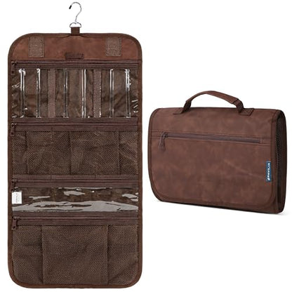 PAVILIA Hanging Toiletry Bag for Women Men, Large Foldable Toiletries Organizer with Hook, Water-Resistant Makeup Cosmetic Rollup Case, Clear Pockets for Bathroom, Gym, Cruise (Brown) - color: Brown