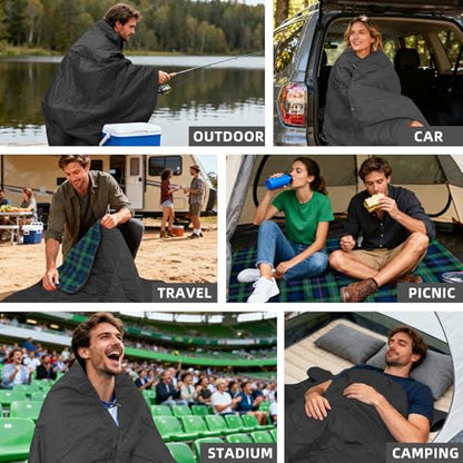 Large Outdoor Waterproof Blanket Extra Thick Fleece Stadium Blanket for Camping, Car, Pet, Picnics - Windproof, Wearable, Machine Washable 80" x 58" (Green Check) - color: Green Check
